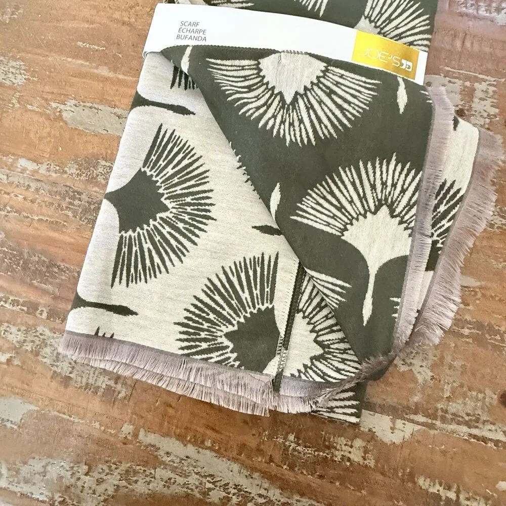 JOE’S Olive Green & Tan Art Deco Swan Design Fringe Lightweight Scarf  1 Sz New